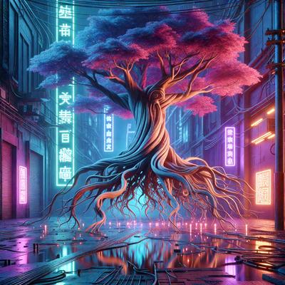 The primary subject of the image is a large, purple tree with a long, thin trunk. The tree is situated in a futuristic cityscape, surrounded by neon lights and a street with a wet surface. The setting appears to be a nighttime city environment, with the tree standing out as the focal point. The visual style of the image is a combination of digital art and illustration, creating a unique and captivating scene. The dominant colors in the image are purple and blue, giving the scene a futuristic and surreal atmosphere.